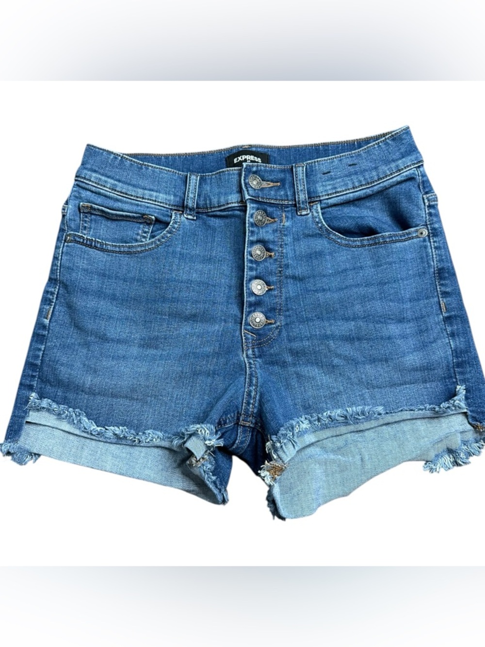 Express SHORTIE Mid-Blue High-Rise Button-Fly Denim Shorts Size 4 Spring Summer